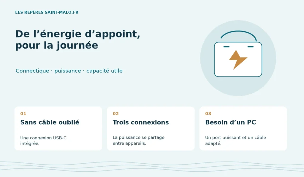 Schéma des trois critères de choix : Connectique · puissance · capacité utile.