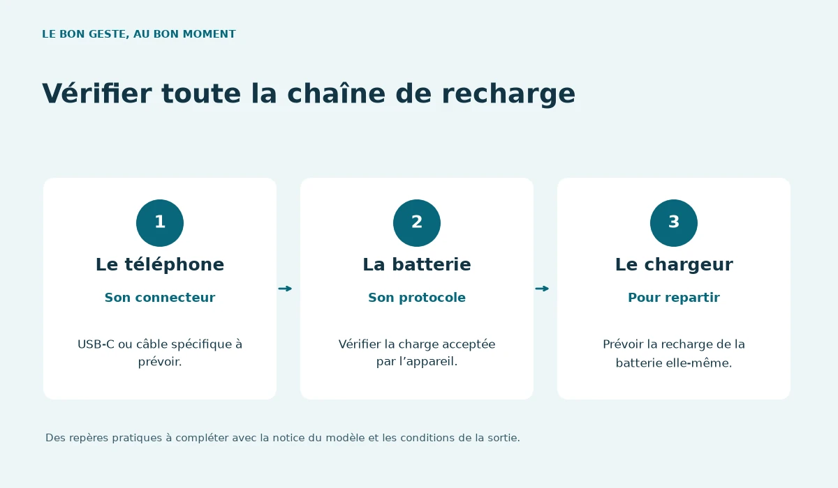Le téléphone : Son connecteur. USB-C ou câble spécifique à prévoir. — La batterie : Son protocole. Vérifier la charge acceptée par l’appareil. — Le chargeur : Pour repartir. Prévoir la recharge de la batterie elle-même.
