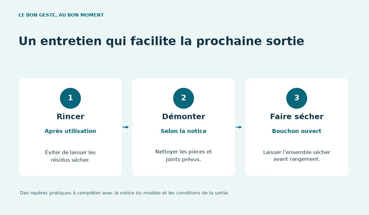 Rincer : Après utilisation. Éviter de laisser les résidus sécher. — Démonter : Selon la notice. Nettoyer les pièces et joints prévus. — Faire sécher : Bouchon ouvert. Laisser l’ensemble sécher avant rangement.