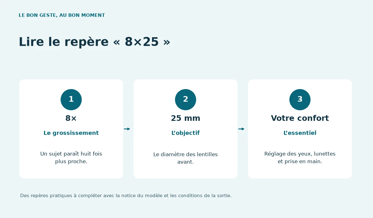 8× : Le grossissement. Un sujet paraît huit fois plus proche. — 25 mm : L’objectif. Le diamètre des lentilles avant. — Votre confort : L’essentiel. Réglage des yeux, lunettes et prise en main.