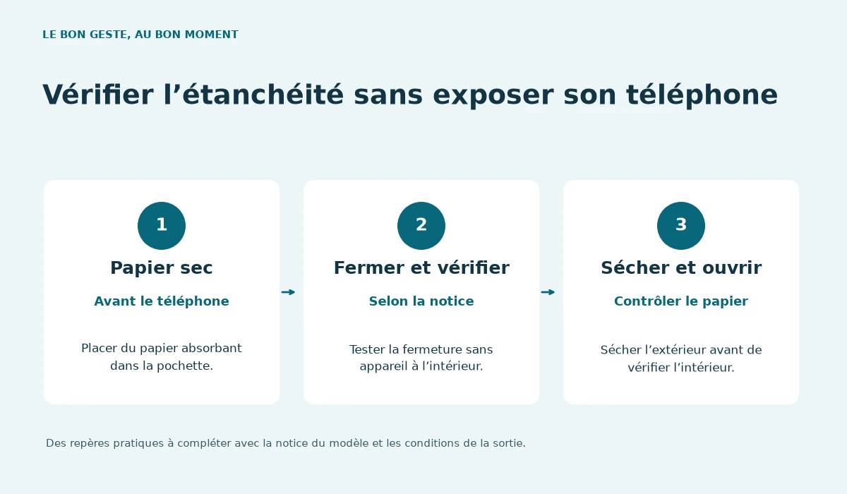 Papier sec : Avant le téléphone. Placer du papier absorbant dans la pochette. — Fermer et vérifier : Selon la notice. Tester la fermeture sans appareil à l’intérieur. — Sécher et ouvrir : Contrôler le papier. Sécher l’extérieur avant de vérifier l’intérieur.